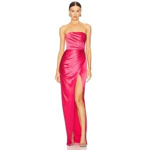 SAU LEE Priyanka Dress in Hot Pink High Slit Strapless Satin Silky Gown Barbie